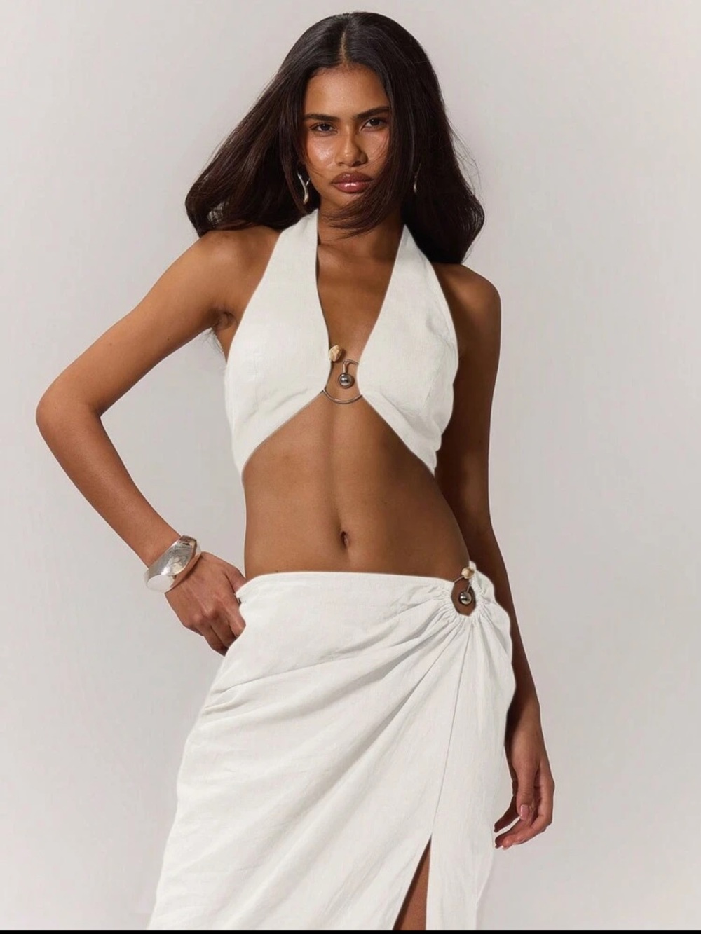 Linen look bead ring detail white crop top